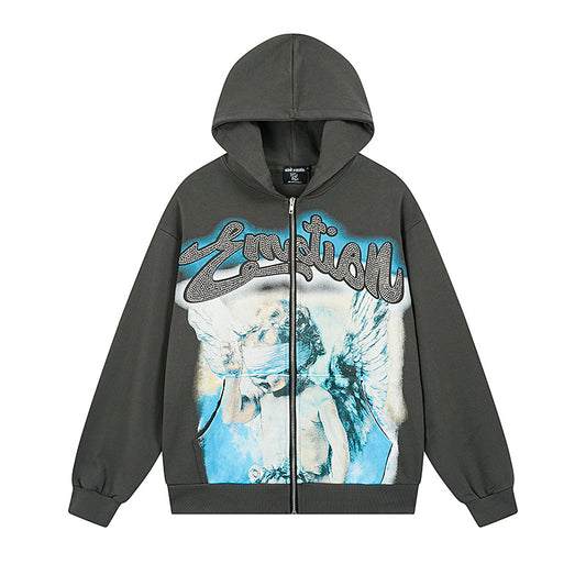 Mixed Emotion "Angel" Rhinestone Zip-Up Hoodie Grey