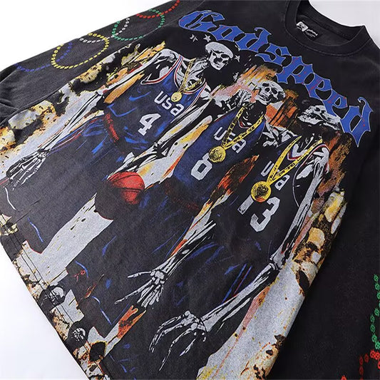 Godspeed Skeleton Basketball Team L/S Tee – Black | Unisex Y2K Oversized Cotton Tee