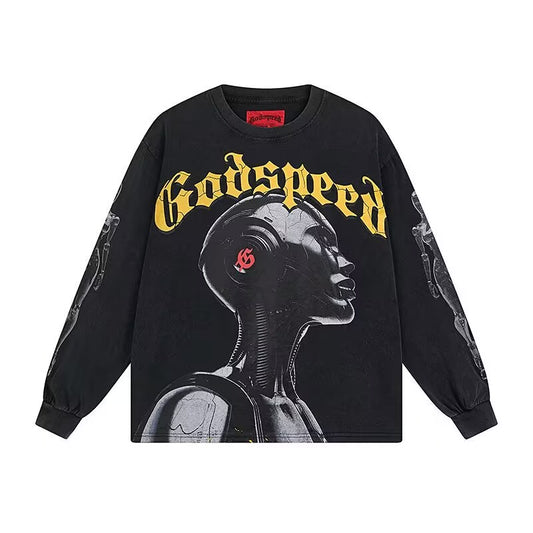 Godspeed Cybernetic Robot L/S Tee – Black | Unisex Y2K Oversized Cotton Tee