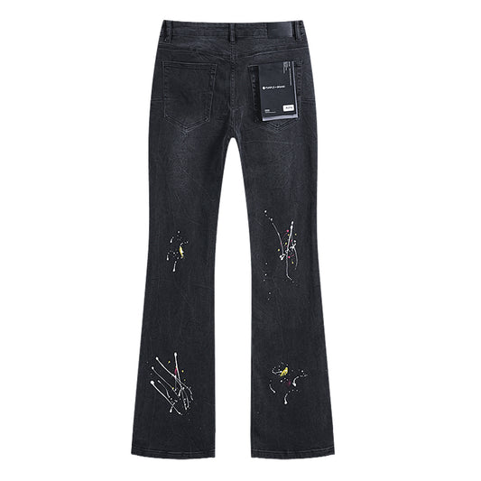 Purple Brand Paint Splatter Ripped Flare Jeans Black