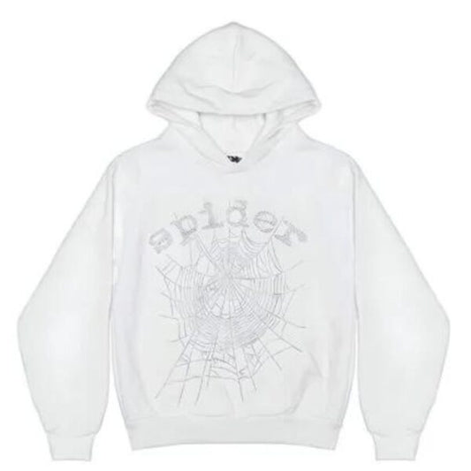 Sp5der OG Rhinestone Logo Hoodie White