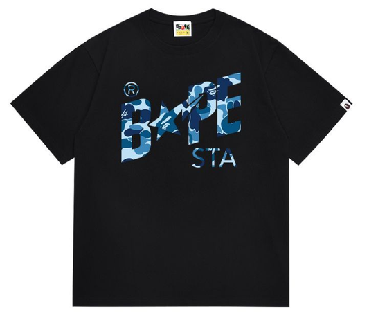 BAPE STA Logo Tee Blue Camo Lettering T-Shirt