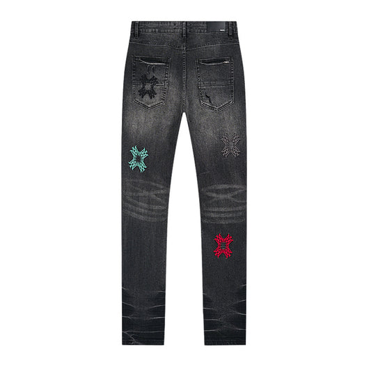 AMIRI Style Hip Hop Butterfly Graphic Embroidered Slim Fit Ripped Jeans for Men