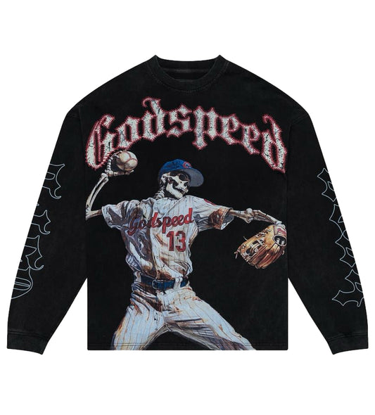 Godspeed Skeleton Baseball Pitcher Black L/S Tee – Black | Unisex Y2K Oversized Cotton Tee