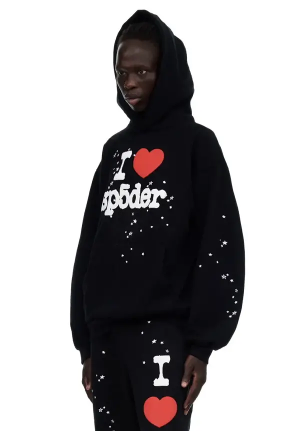 Sp5der I Heart SP5 Souvenir Hoodie Black | Unisex Y2K Graphic Oversized Sweatshirt