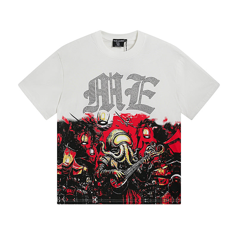 Mixed Emotion Vintage Rhinestone Letter Print T-Shirt Octopus Graphic Tee