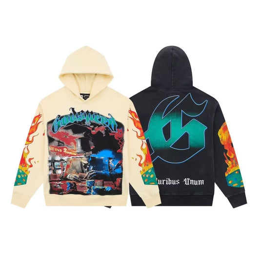Godspeed Casino Scene Flame Hoodie – Black | Unisex Y2K Oversized Fleece Hoodie