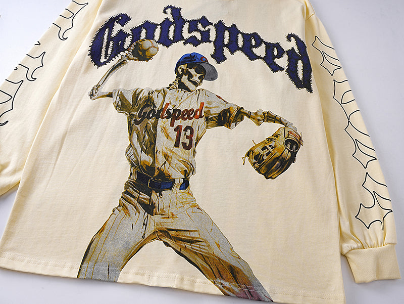 Godspeed Skeleton Baseball Pitcher Cream L/S Tee – Cream | Unisex Y2K Oversized Cotton Tee
