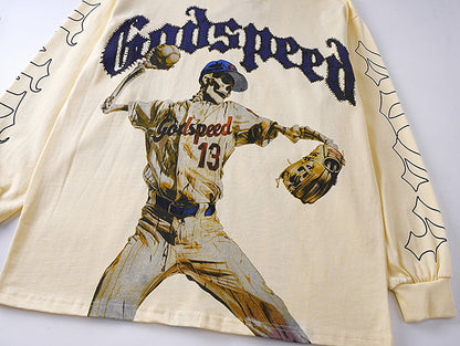 Godspeed Skeleton Baseball Pitcher Cream L/S Tee – Cream | Unisex Y2K Oversized Cotton Tee