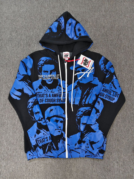 Asaali x Cough Syrup “Cartel” Zip-Up Hoodie – Blue | Unisex Y2K Oversized Graphic Hoodie