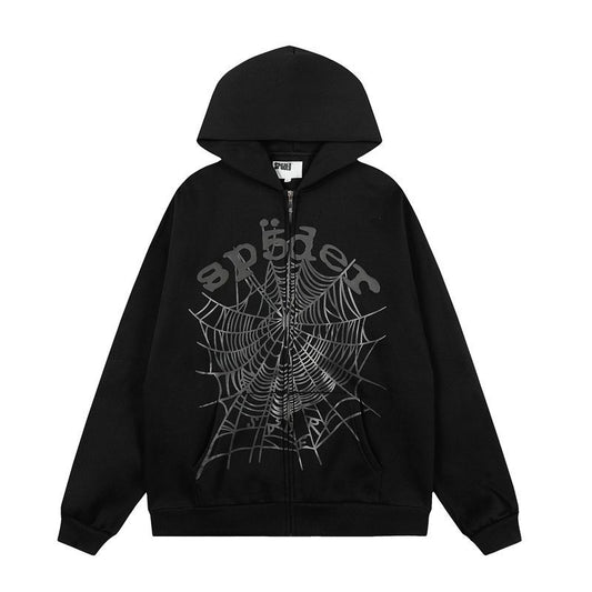 Sp5der OG Web  Phantom Zip-Up Hoodie Black | Unisex Y2K Oversized Graphic Sweatshirt