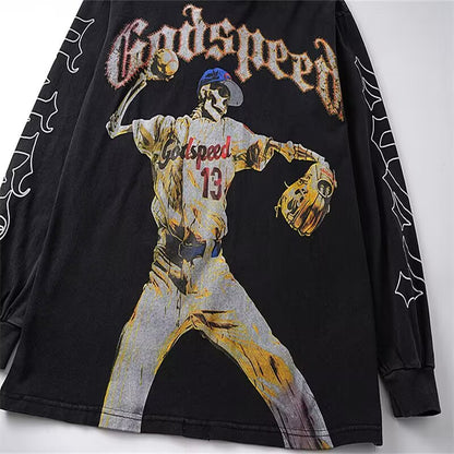 Godspeed Skeleton Baseball Pitcher Black L/S Tee – Black | Unisex Y2K Oversized Cotton Tee