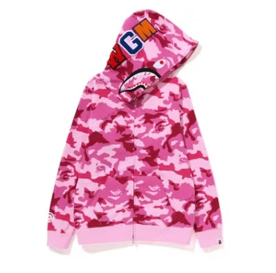 BAPE Womens Woodland Camo Shark Full Zip Hoodie Pink