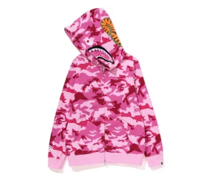 BAPE Womens Woodland Camo Shark Full Zip Hoodie Pink