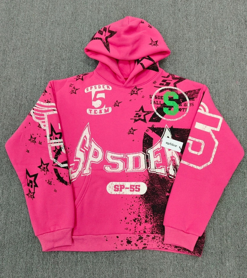 SP5DER Stencil Hoodie Pink | Unisex Y2K Oversized Graphic Sweatshirt