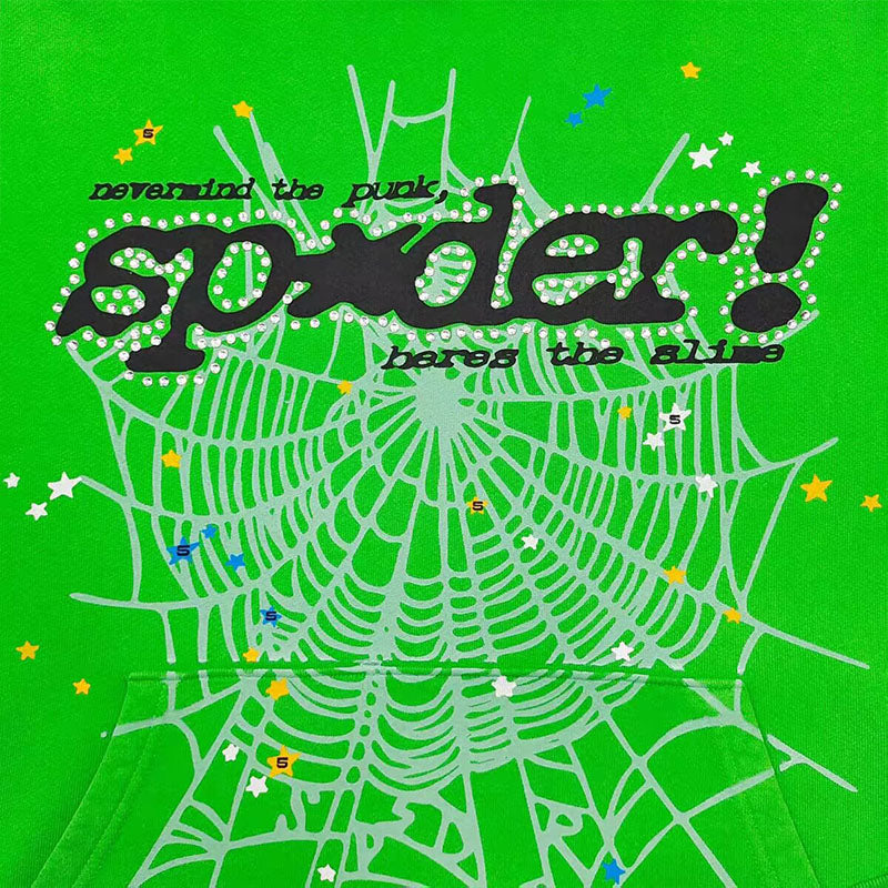 Sp5der Punk  Rhinestone Hoodie Bright Green | Unisex Y2K Oversized Graphic Sweatshirt