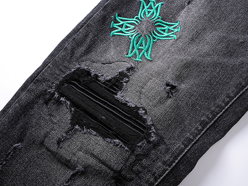 AMIRI Style Hip Hop Butterfly Graphic Embroidered Slim Fit Ripped Jeans for Men