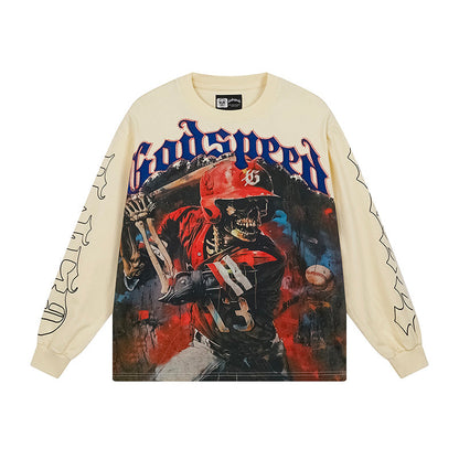 Godspeed Skeleton Baseball Batter Cream L/S Tee – Cream | Unisex Y2K Oversized Cotton Tee