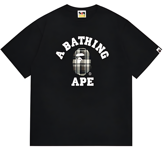 BAPE Check College Logo Graphic T Shirt Black White