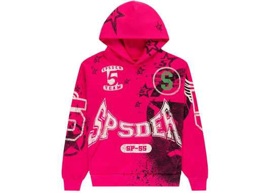 SP5DER Stencil Hoodie Pink | Unisex Y2K Oversized Graphic Sweatshirt