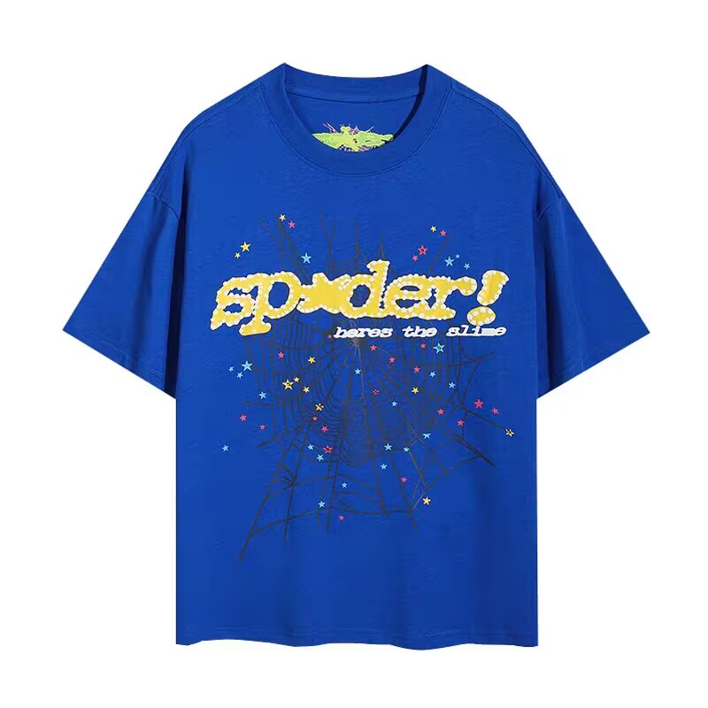 Men’s Blue Spider Graphic Cotton T-Shirt, Soft Streetwear Style Top