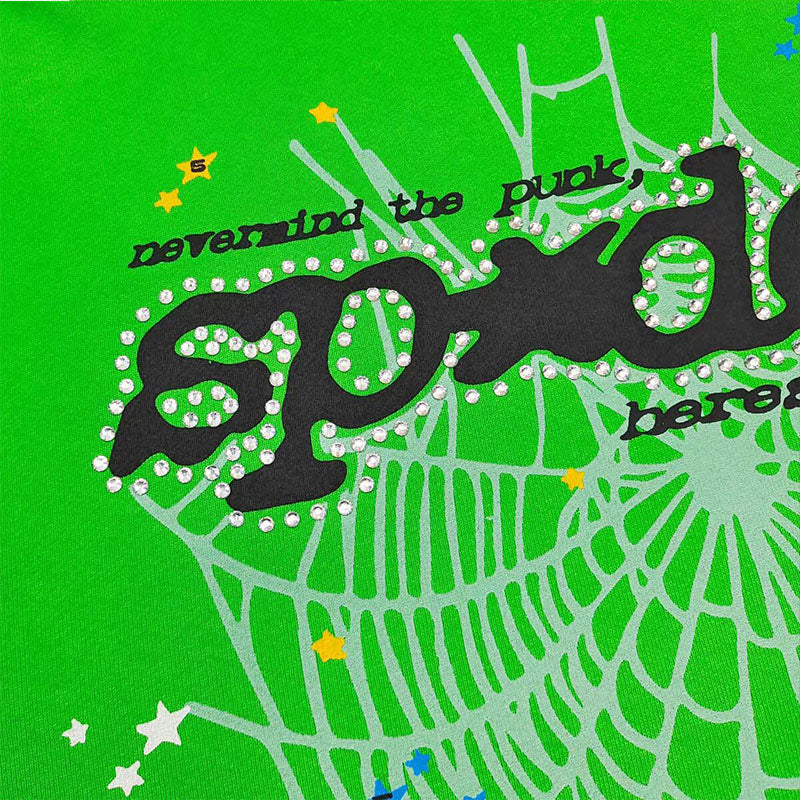 Sp5der Punk  Rhinestone Hoodie Bright Green | Unisex Y2K Oversized Graphic Sweatshirt