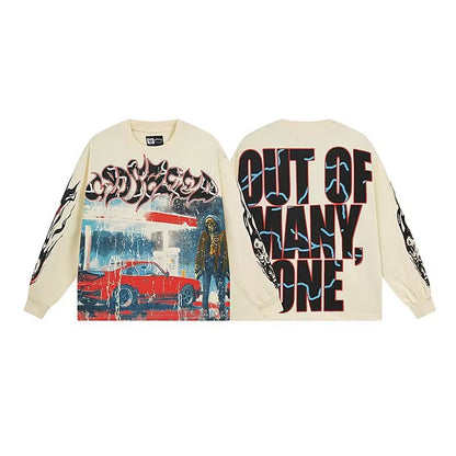 Godspeed Gas Station Red Car Graphic Long-Sleeve Tee – Black | Unisex Y2K Oversized Cotton Tee