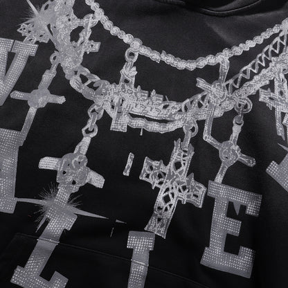 Vale Forever "Valley" Silver Chain & Cross Rhinestone Hoodie Black