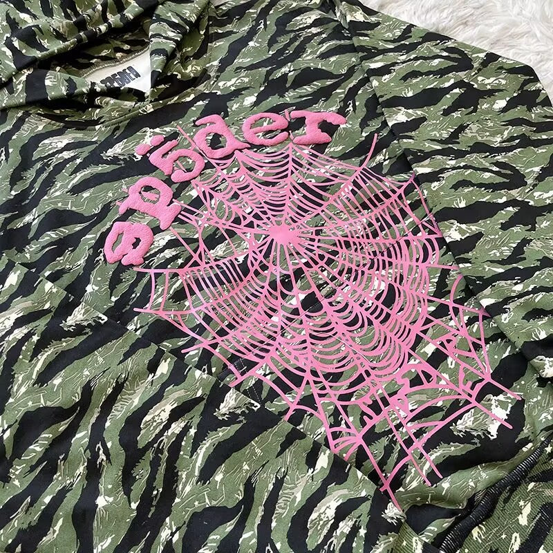 Sp5der OG Web V2 Tiger Camo Hoodie | Unisex Y2K Oversized Graphic Sweatshirt