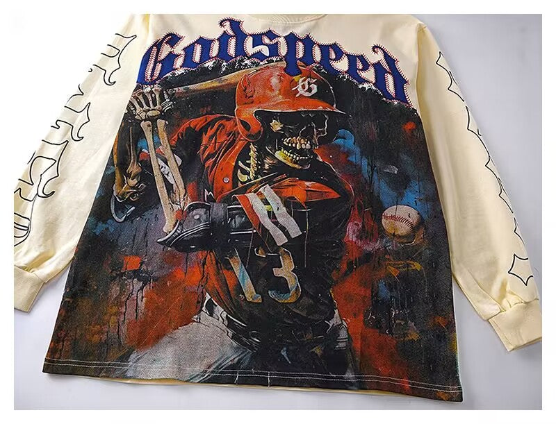 Godspeed Skeleton Baseball Batter Cream L/S Tee – Cream | Unisex Y2K Oversized Cotton Tee