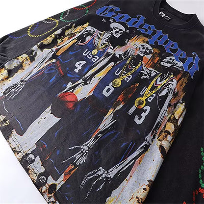 Godspeed Skeleton Basketball Team L/S Tee – Black | Unisex Y2K Oversized Cotton Tee