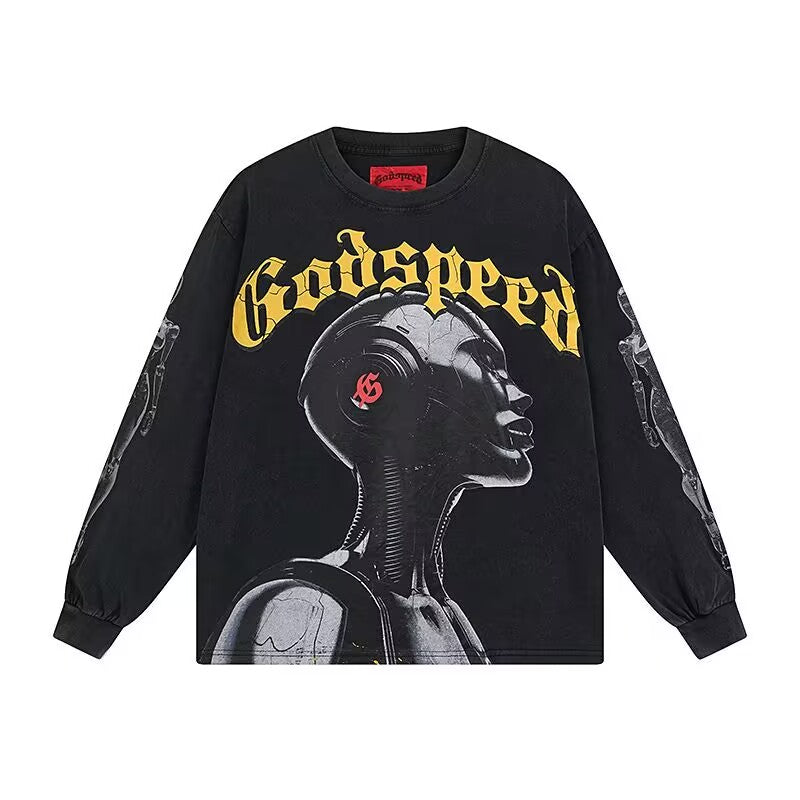 Godspeed Cybernetic Robot L/S Tee – Black | Unisex Y2K Oversized Cotton Tee