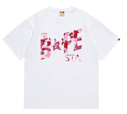 BAPE STA Logo Tee Pink Camo Lettering T-Shirt