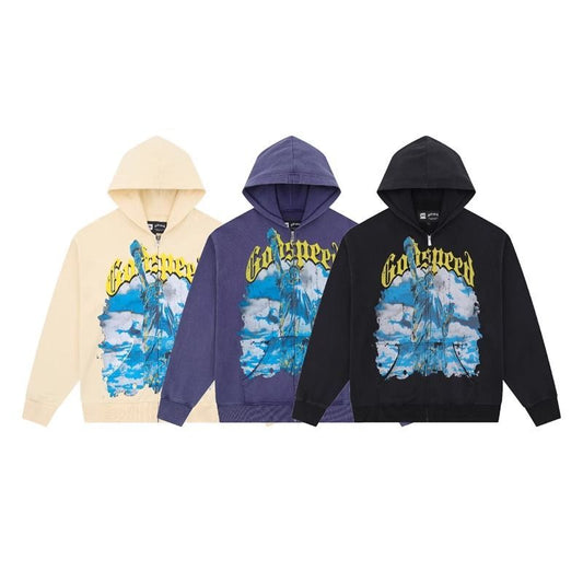 Godspeed  Hoodie – Grey | Unisex Y2K Oversized Hoodie, Statue of Liberty Front Print