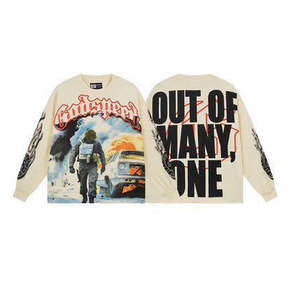 Godspeed "Out Of Many, One" Graphic Long-Sleeve Tee – Black | Unisex Y2K Oversized Cotton Tee