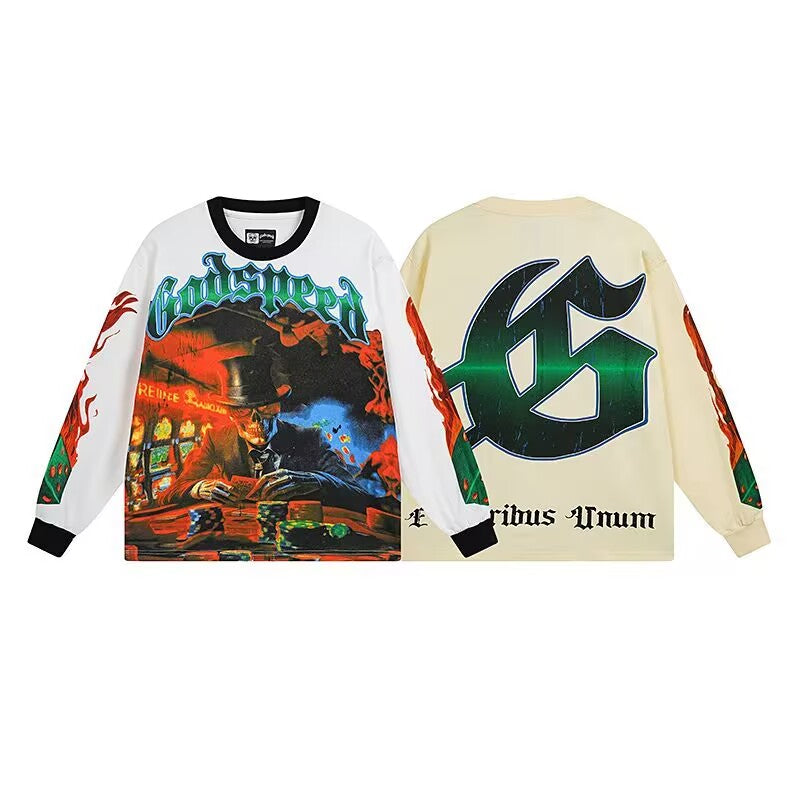 Godspeed Casino Scene Graphic Long-Sleeve Tee – Black | Unisex Y2K Oversized Cotton Tee