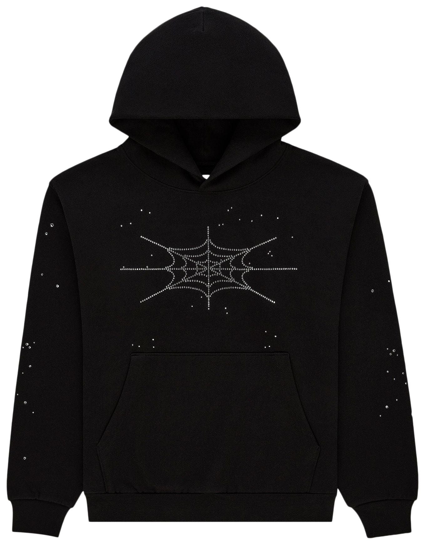 Sp5der Rhinestone Silk Hoodie Black | Unisex Y2K Oversized Rhinestone Graphic Hoodie