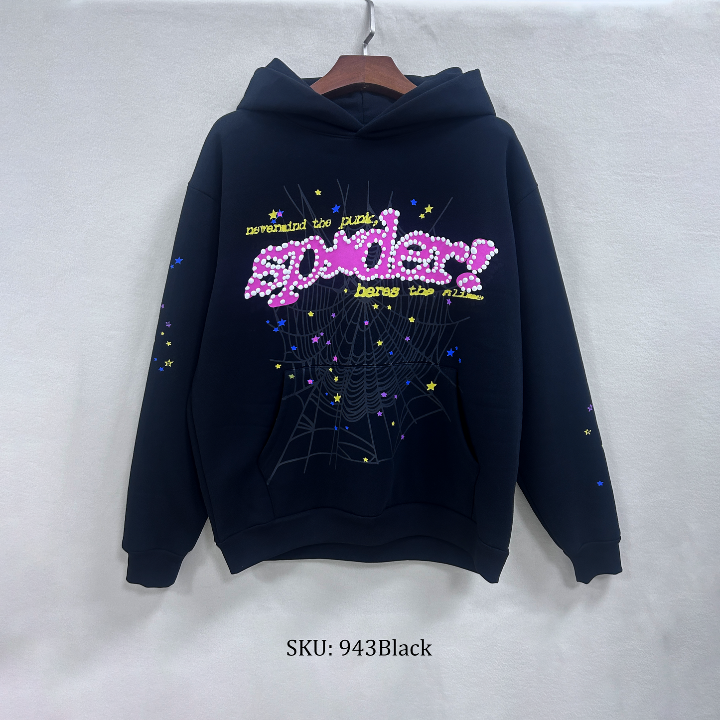 SP5DER graphic-print "Black" Hoodie | Black | Unisex Y2K Oversized Pullover, 100% Cotton Fleece