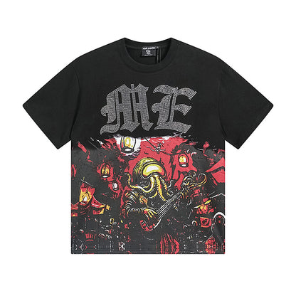 Mixed Emotion Vintage Rhinestone Letter Print T-Shirt Octopus Graphic Tee