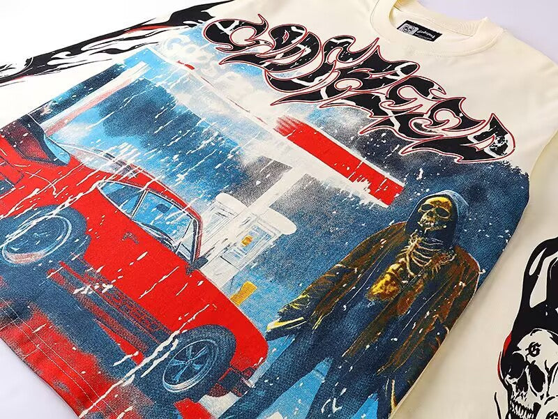 Godspeed Gas Station Red Car Graphic Long-Sleeve Tee – Black | Unisex Y2K Oversized Cotton Tee