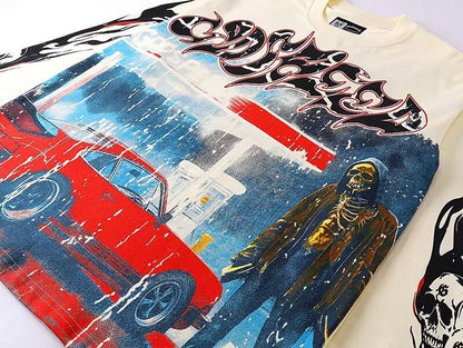 Godspeed Gas Station Red Car Graphic Long-Sleeve Tee – Black | Unisex Y2K Oversized Cotton Tee