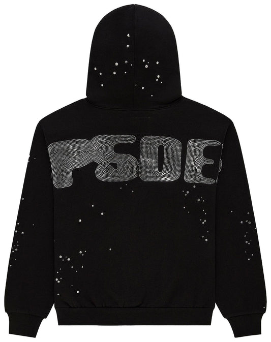 Sp5der Rhinestone Silk Hoodie Black | Unisex Y2K Oversized Rhinestone Graphic Hoodie