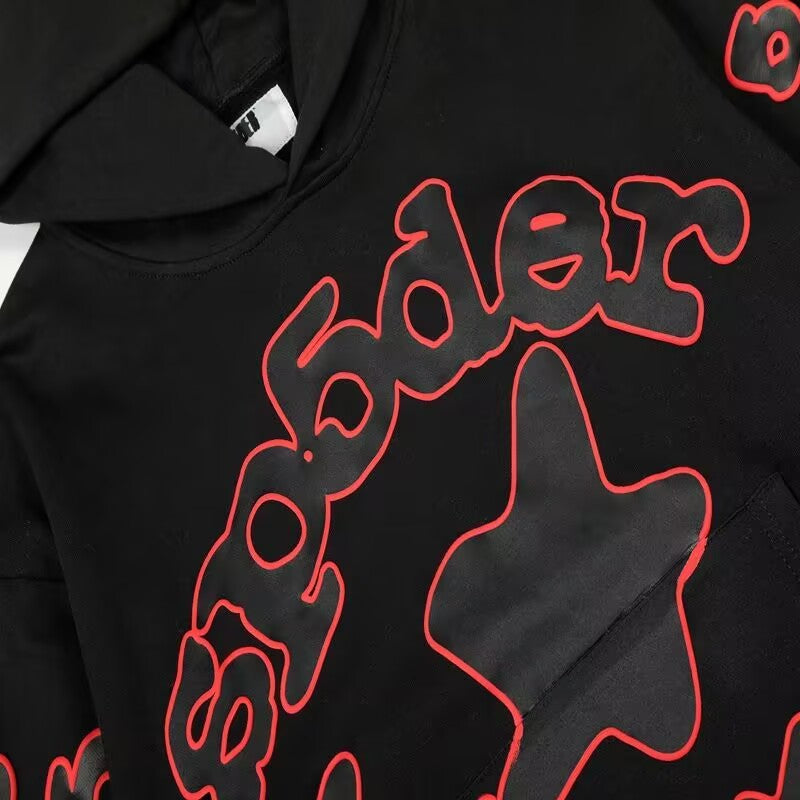 Sp5der Beluga Outline Hoodie Black | Unisex Y2K Oversized Graphic Sweatshirt