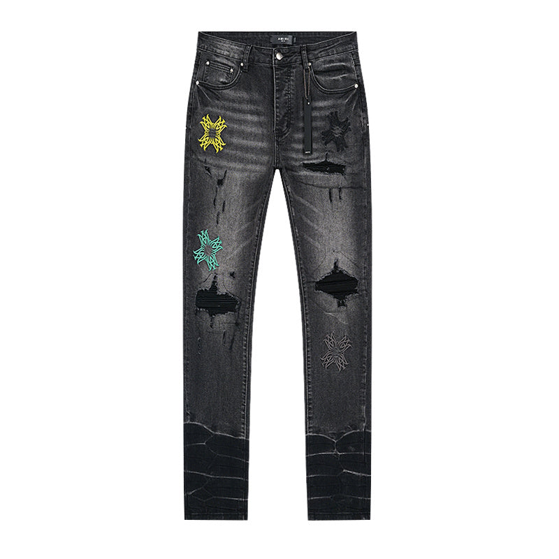 AMIRI Style Hip Hop Butterfly Graphic Embroidered Slim Fit Ripped Jeans for Men