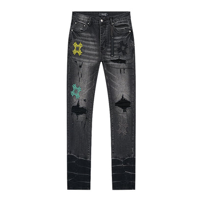 AMIRI Style Hip Hop Butterfly Graphic Embroidered Slim Fit Ripped Jeans for Men