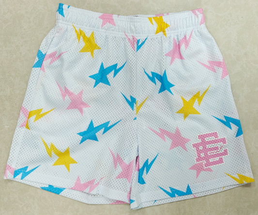 Eric Emanuel EE Mesh Shorts – Athletic White Baggy Shorts for Men with Graphic Accents