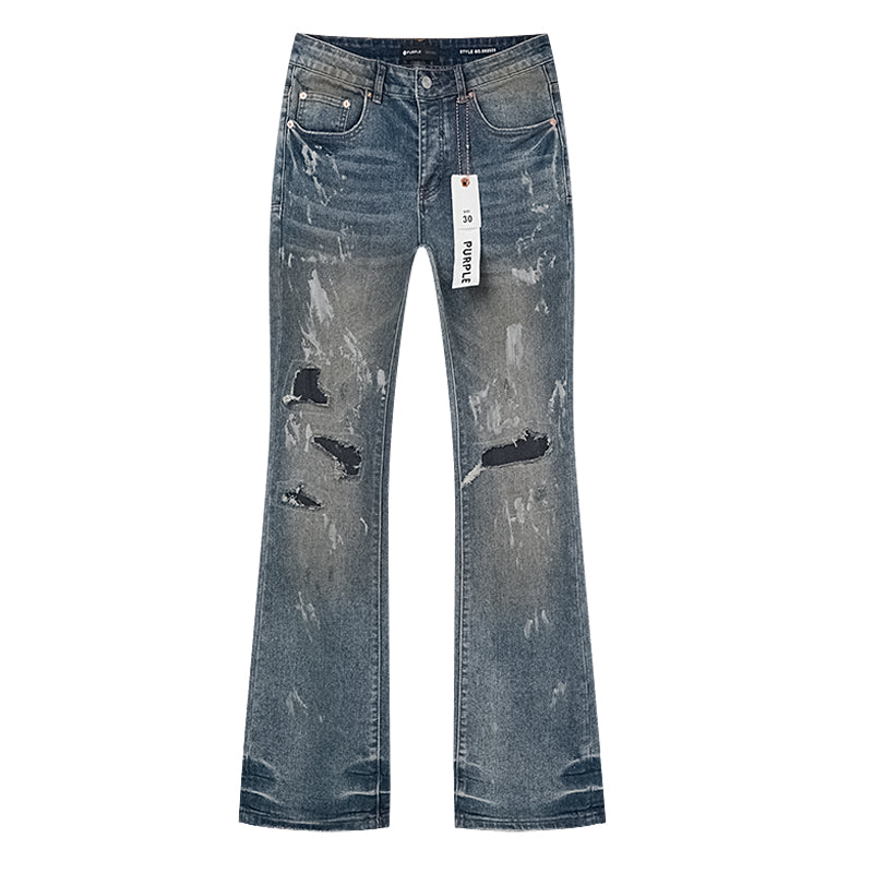 Purple Brand Mud Stain Patchwork Flare Jeans Indigo