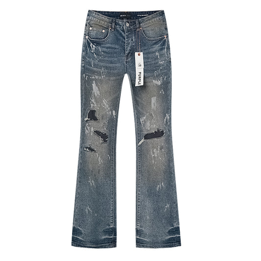Purple Brand Mud Stain Patchwork Flare Jeans Indigo