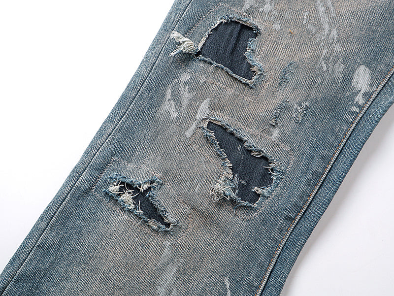 Purple Brand Mud Stain Patchwork Flare Jeans Indigo