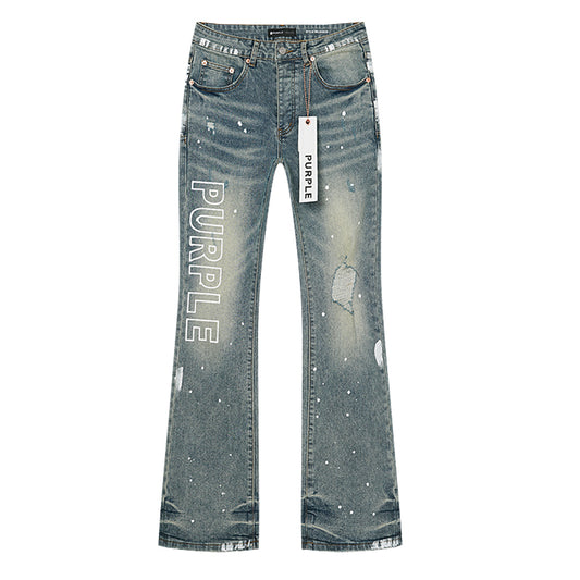 Purple Brand Wordmark Print Mud Flare Jeans Mid Indigo